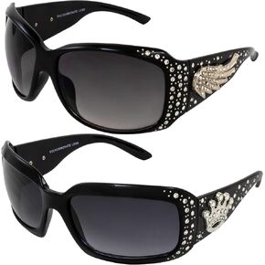 Rodeo Queen 2 زوج من النظارات الشمسية النسائية الأنيقة بإطار أسود مع قطعة معدنية بأحجار الراين اللامعة وعدسات متدرجة دخانية in Kuwait