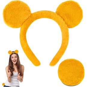 Yellow Bear Ears Headband and Tail Set,Yellow Bear Headband Animal Ears for Women Adult Halloween Costume Cosplay Party Accessories in Kuwait