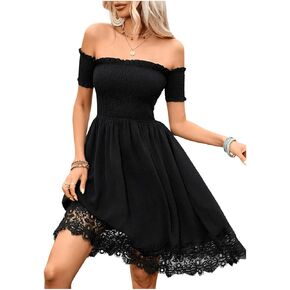 فستان Floerns نسائي بدون أكتاف وأكمام قصيرة على شكل حرف A من الدانتيل مع حواف راعية البقر الغربية القصيرة in Kuwait