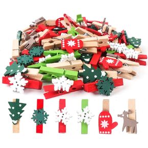 Mini Christmas Wooden Clips 120PCS, Christmas Photo Clips, Christmas Tree Clothespins with 10 Meters Rope for Christmas Hanging Photos and Party Decorations in Kuwait