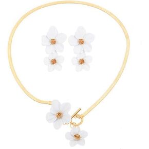 Fashion Flower Necklace Earring Set Gold Snake Chain Necklace Bohemian Flowers Choker Necklaces Hypoallergenic Statement Double Flower Drop Earrings Elegant Bridal Wedding Summer Beach Jewelry Trendy Gold Layered Flower Pendant Necklace Summer Spring Flor in Saudi Arabia