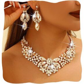 Yonamix Wedding Jewelry Sets Gold Rhinestone Necklace and Earrings for Women in Saudi Arabia
