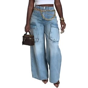 Tbahhir High Waist Wide Leg Jeans for Women Trendy Y2k Baggy Denim Pants Boyfriend Trouser with Pockets Streetwear in Kuwait