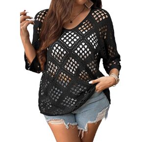 Women's Plus Size Crochet Top Versatile Boho Sweater Hollow Out v-Neck Pullover Summer Beach Cover Up Cruise Outfits in Kuwait