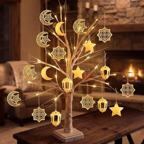 Ramadan Decorations Lighted Birch Tree with Wooden Eid Mubarak Hanging Tree Ornaments Moon Star Islamic Cutouts Lantern for Home Shop Office Deor in Kuwait
