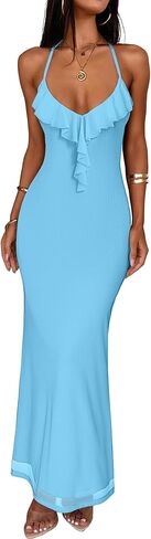 Prinbara المرأة الصيف شبكة Bodycon ماكسي فساتين السباغيتي حزام كشكش الخامس الرقبة كوكتيل الزفاف ضيف حفلة موسيقية فستان طويل in Kuwait