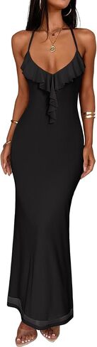 Prinbara Womens Summer Mesh Bodycon Maxi Dresses Spaghetti Strap Ruffle V Neck Cocktail Wedding Guest Party Prom Long Dress in Saudi Arabia
