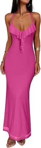 Prinbara Womens Summer Mesh Bodycon Maxi Dresses Spaghetti Strap Ruffle V Neck Cocktail Wedding Guest Party Prom Long Dress in Saudi Arabia