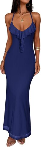 Prinbara Womens Summer Mesh Bodycon Maxi Dresses Spaghetti Strap Ruffle V Neck Cocktail Wedding Guest Party Prom Long Dress in Saudi Arabia