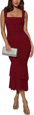 Atizon Women's Sexy Square Neck Sleeveless Summer Bodycon Maxi Dresses Mesh Ruched Ruffle Wedding Guest Cocktail Party Dress in Saudi Arabia