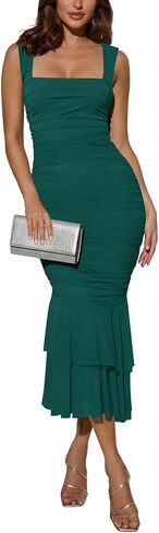 Atizon Women's Sexy Square Neck Sleeveless Summer Bodycon Maxi Dresses Mesh Ruched Ruffle Wedding Guest Cocktail Party Dress in Saudi Arabia