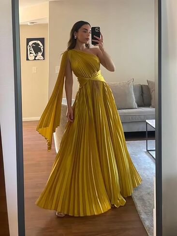 Elegant Vintage Prom Dresses Pleated A Line One Shoulder Satin Long Formal Party Dress for Women RON040 in Saudi Arabia