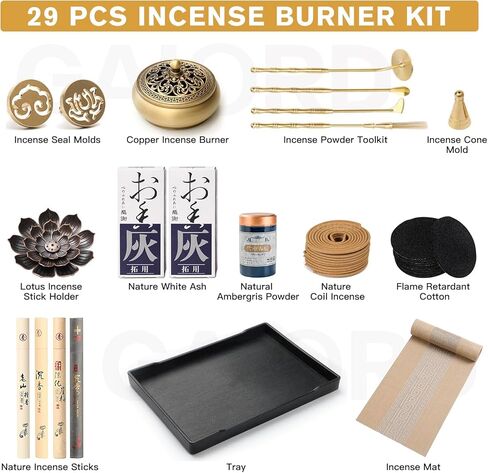 GAIORD 29 Pcs Brass Powder Incense Burner Kit, Incense Making Kit, Incense Powder with Incense Stick Holder(Stick/Cone/Coil Incense) Ash Catcher Tray As Gift for Yoga and Meditation (Glod) in Kuwait