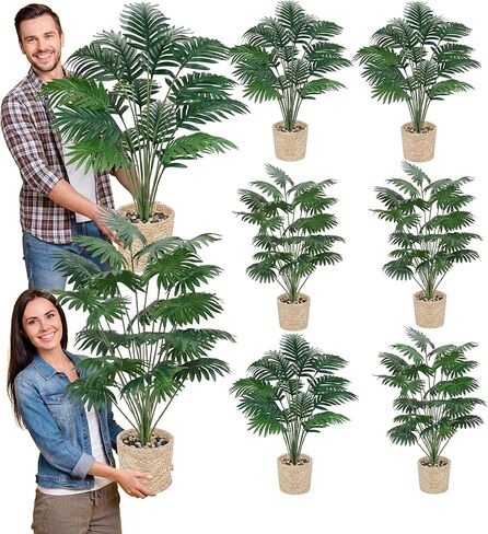 Giegxin 16 Pcs 31'' Artificial Palm Tree Plant Set 8 Tall Fake Tropical Palm Tree in Pot and 8 Woven Basket Faux Fake Plants 24 and 18 Decorative Leaves for Indoor Outdoor Front Porch Home Decor in Saudi Arabia