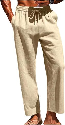 GORGLITTER Men's Linen Dress Pants Casual Drawstring Elastic Waist Beach Yoga Long Trouser Pants in Saudi Arabia