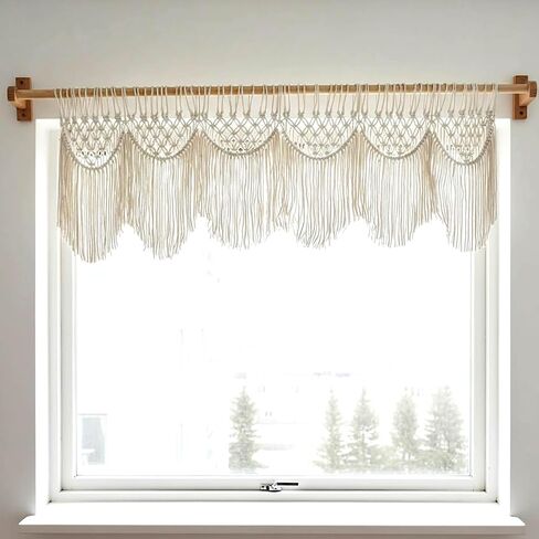Bohemian Macrame Window Valance, Boho Wavy Curtain for Window Decoration, Handmade Cotton Fringe Curtain Topper, Widow/Door Curtain with Tassels Beige Color 46″x20″ (no Wooden Stick) in Saudi Arabia