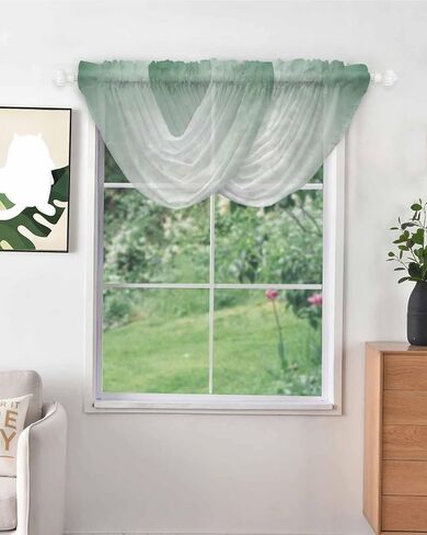 Hunter Green White Ombre Waterfall Valance for Windows/Living Room/Bedroom, Modern Abstract Gradient Color Art Sheer Swag Valances Rod Pocket Curtains Kitchen Bathroom Window Treatment 3 Panels in Saudi Arabia