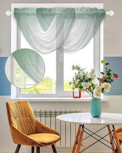 Hunter Green White Ombre Waterfall Valance for Windows/Living Room/Bedroom, Modern Abstract Gradient Color Art Sheer Swag Valances Rod Pocket Curtains Kitchen Bathroom Window Treatment 3 Panels in Saudi Arabia