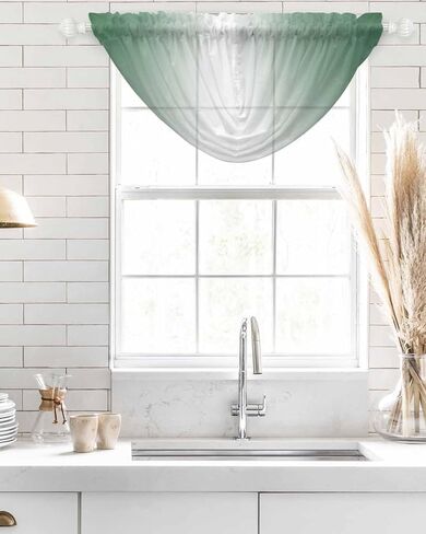 Hunter Green White Ombre Waterfall Valance for Windows/Living Room/Bedroom, Modern Abstract Gradient Color Art Sheer Swag Valances Rod Pocket Curtains Kitchen Bathroom Window Treatment 3 Panels in Saudi Arabia