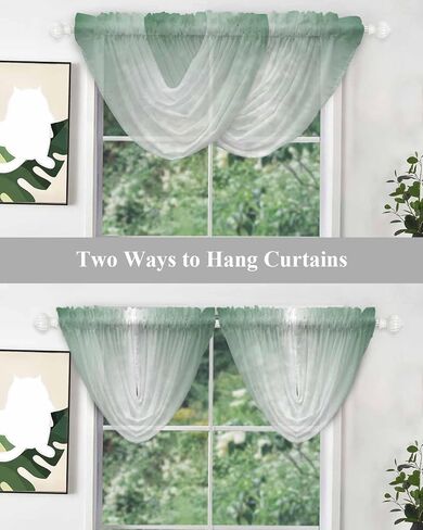 Hunter Green White Ombre Waterfall Valance for Windows/Living Room/Bedroom, Modern Abstract Gradient Color Art Sheer Swag Valances Rod Pocket Curtains Kitchen Bathroom Window Treatment 3 Panels in Saudi Arabia
