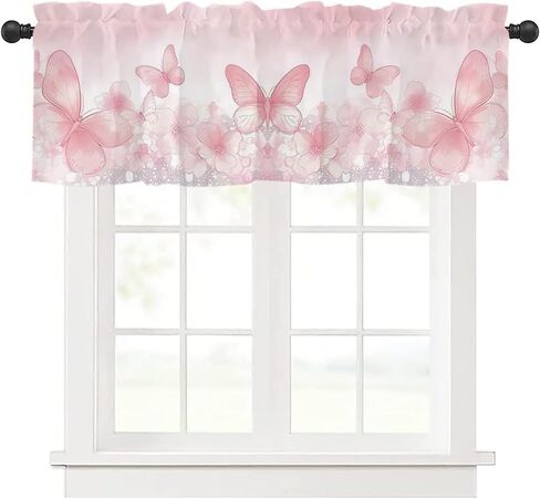 ستائر ستائر المطبخ، ستائر جيب قضيب للنوافذ، ستائر معالجة النوافذ الصغيرة للنوافذ، غرفة المعيشة، غرفة النوم، الحمام، لوحة واحدة، 54 بوصة عرض × 18 بوصة طول، فراشة وردية in Kuwait