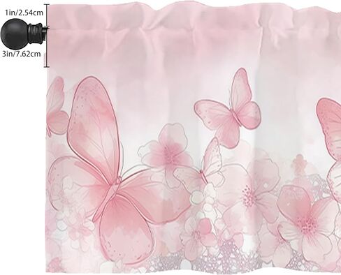 ستائر ستائر المطبخ، ستائر جيب قضيب للنوافذ، ستائر معالجة النوافذ الصغيرة للنوافذ، غرفة المعيشة، غرفة النوم، الحمام، لوحة واحدة، 54 بوصة عرض × 18 بوصة طول، فراشة وردية in Kuwait