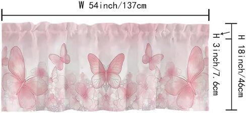 ستائر ستائر المطبخ، ستائر جيب قضيب للنوافذ، ستائر معالجة النوافذ الصغيرة للنوافذ، غرفة المعيشة، غرفة النوم، الحمام، لوحة واحدة، 54 بوصة عرض × 18 بوصة طول، فراشة وردية in Kuwait