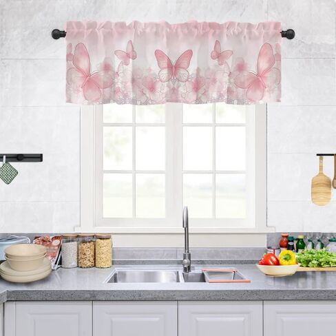 ستائر ستائر المطبخ، ستائر جيب قضيب للنوافذ، ستائر معالجة النوافذ الصغيرة للنوافذ، غرفة المعيشة، غرفة النوم، الحمام، لوحة واحدة، 54 بوصة عرض × 18 بوصة طول، فراشة وردية in Kuwait