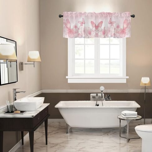 ستائر ستائر المطبخ، ستائر جيب قضيب للنوافذ، ستائر معالجة النوافذ الصغيرة للنوافذ، غرفة المعيشة، غرفة النوم، الحمام، لوحة واحدة، 54 بوصة عرض × 18 بوصة طول، فراشة وردية in Kuwait