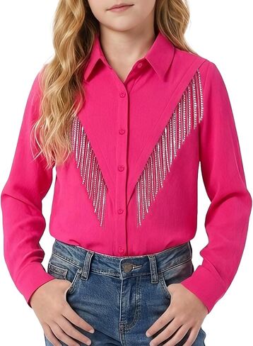 Girls Western Cowgirl Fringe Shirt Tassel Long Sleeve Casual Button Down Blouse Shirts Tops 5-14 Years in Kuwait