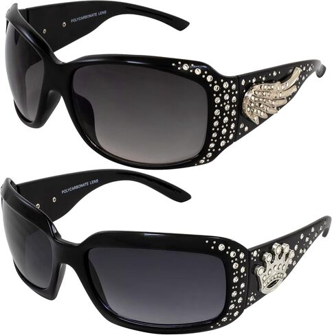 Rodeo Queen 2 زوج من النظارات الشمسية النسائية الأنيقة بإطار أسود مع قطعة معدنية بأحجار الراين اللامعة وعدسات متدرجة دخانية in Kuwait
