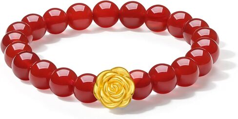 24K Solid Gold Bracelet for Women, Real Pure Gold Rose Jewelry Dainty Red Agate Beaded Flower Bracelet for Men A1911934 in Saudi Arabia
