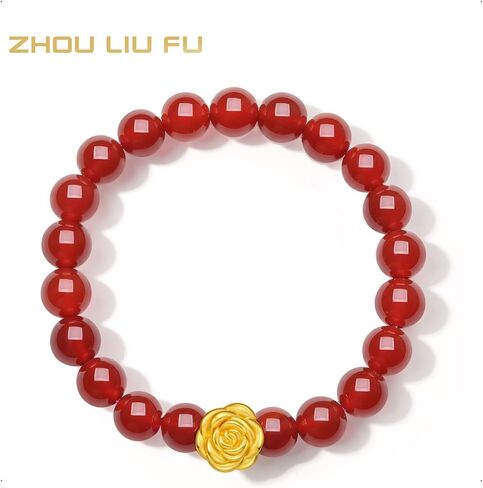 24K Solid Gold Bracelet for Women, Real Pure Gold Rose Jewelry Dainty Red Agate Beaded Flower Bracelet for Men A1911934 in Saudi Arabia