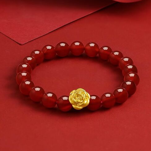 24K Solid Gold Bracelet for Women, Real Pure Gold Rose Jewelry Dainty Red Agate Beaded Flower Bracelet for Men A1911934 in Saudi Arabia