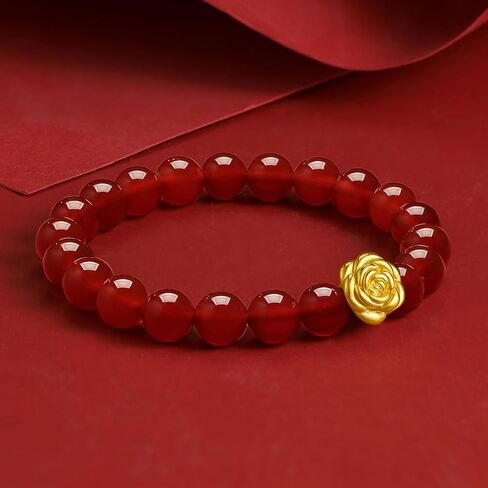 24K Solid Gold Bracelet for Women, Real Pure Gold Rose Jewelry Dainty Red Agate Beaded Flower Bracelet for Men A1911934 in Saudi Arabia