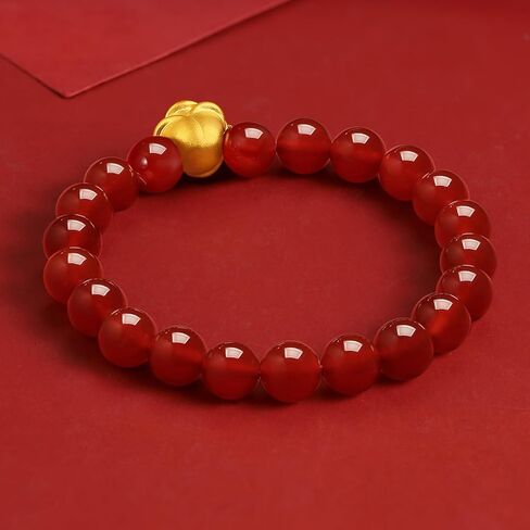 24K Solid Gold Bracelet for Women, Real Pure Gold Rose Jewelry Dainty Red Agate Beaded Flower Bracelet for Men A1911934 in Saudi Arabia