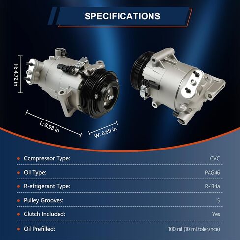 ضاغط تكييف هواء CO-11483C متوافق مع شيفروليه كولورادو 2015-2021 2.5 لتر، إكوينوكس 2018-2021 1.5 لتر؛ متوافق مع جي إم سي كانيون 2015-2021 2.5 لتر بديل # 23106025 AIH299 1522380 in Kuwait