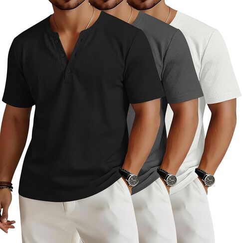 Mens Waffle Henley Shirts Short Sleeve Button Tops Casual Basic T Shirts Lightweight Summer Tees Knit 3 Pack in Saudi Arabia