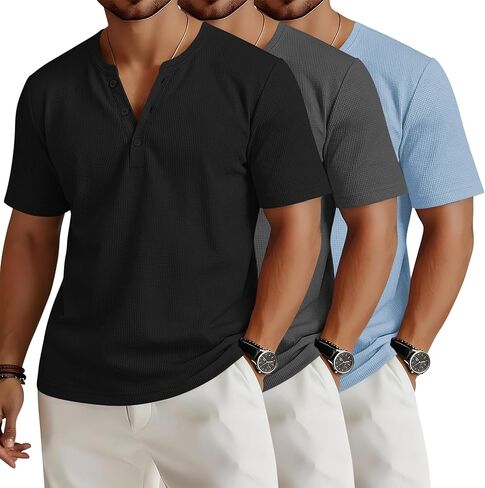Mens Waffle Henley Shirts Short Sleeve Button Tops Casual Basic T Shirts Lightweight Summer Tees Knit 3 Pack in Saudi Arabia