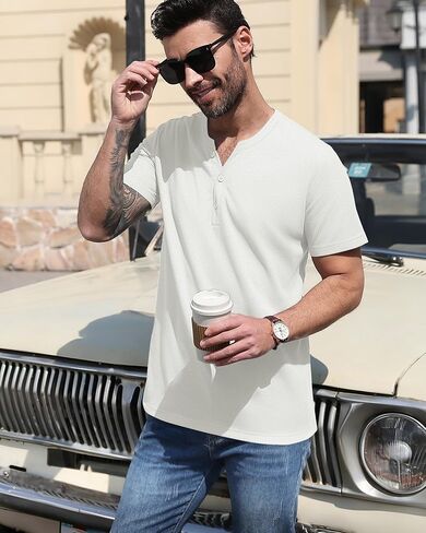 Mens Waffle Henley Shirts Short Sleeve Button Tops Casual Basic T Shirts Lightweight Summer Tees Knit 3 Pack in Saudi Arabia