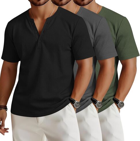 Mens Waffle Henley Shirts Short Sleeve Button Tops Casual Basic T Shirts Lightweight Summer Tees Knit 3 Pack in Saudi Arabia