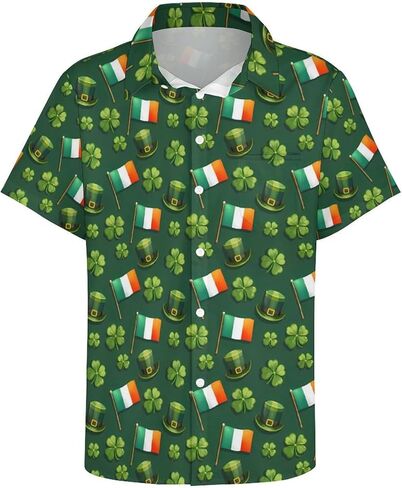 قميص رجالي لعيد القديس باتريك أيرلندي شامروك كاجوال بأكمام قصيرة وأزرار سفلية قمصان هاواي in Kuwait