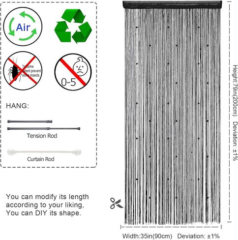 ستائر YIIBAII مطرزة بالخرز لنسيج المداخل مناسبة للديكور الداخلي والأقسام، ستائر خزانة هيبي (أسود، 35 بوصة × 79 بوصة) in Kuwait