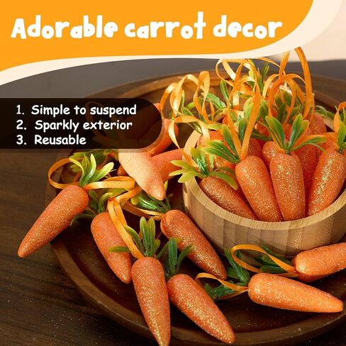 24pcs Easter Carrot Tree Decorations Glitter Realistic Orange Foam Carrot Hanging Ornaments for Energetic Easter Party Festival Decoration, Shelf, Wall, Door, Tree Hanging with Rope in Kuwait