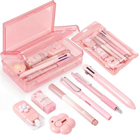 Tenceur 8 Pcs Pink Stationery Set 1 Double Layer Large Capacity Pencil Box 7 Pcs School Clear Pencil Box Supplies Ballpoint Pens For Offices School Supplies in Kuwait