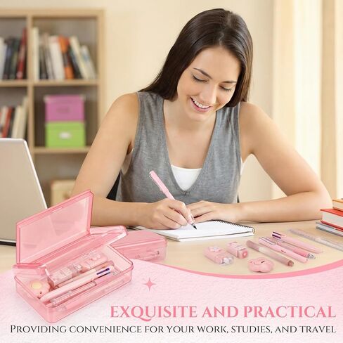 Tenceur 8 Pcs Pink Stationery Set 1 Double Layer Large Capacity Pencil Box 7 Pcs School Clear Pencil Box Supplies Ballpoint Pens For Offices School Supplies in Kuwait