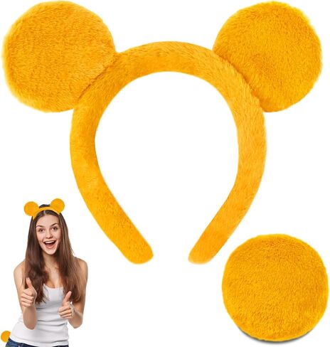 Yellow Bear Ears Headband and Tail Set,Yellow Bear Headband Animal Ears for Women Adult Halloween Costume Cosplay Party Accessories in Kuwait