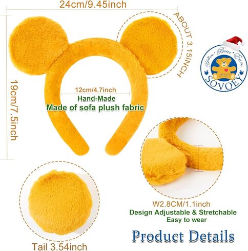 Yellow Bear Ears Headband and Tail Set,Yellow Bear Headband Animal Ears for Women Adult Halloween Costume Cosplay Party Accessories in Kuwait