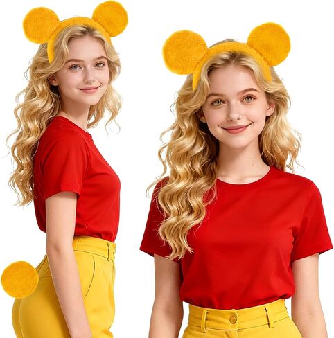 Yellow Bear Ears Headband and Tail Set,Yellow Bear Headband Animal Ears for Women Adult Halloween Costume Cosplay Party Accessories in Kuwait