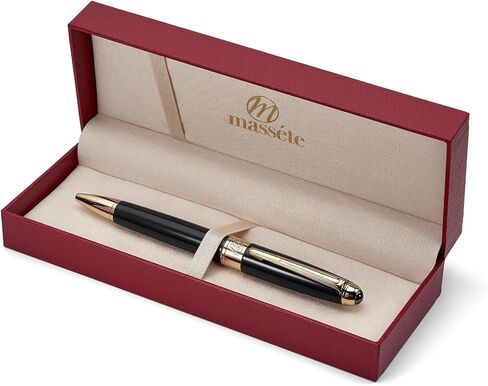 Massete Venero Executive Classic Luxury Ballpoint Pen, Glossy Black with 23K Gold Plated Trim, Twist to Open, Presented in Gift Box, Extra Refill Included, Medium Tip, Black Ink - Custom Engraved in Kuwait
